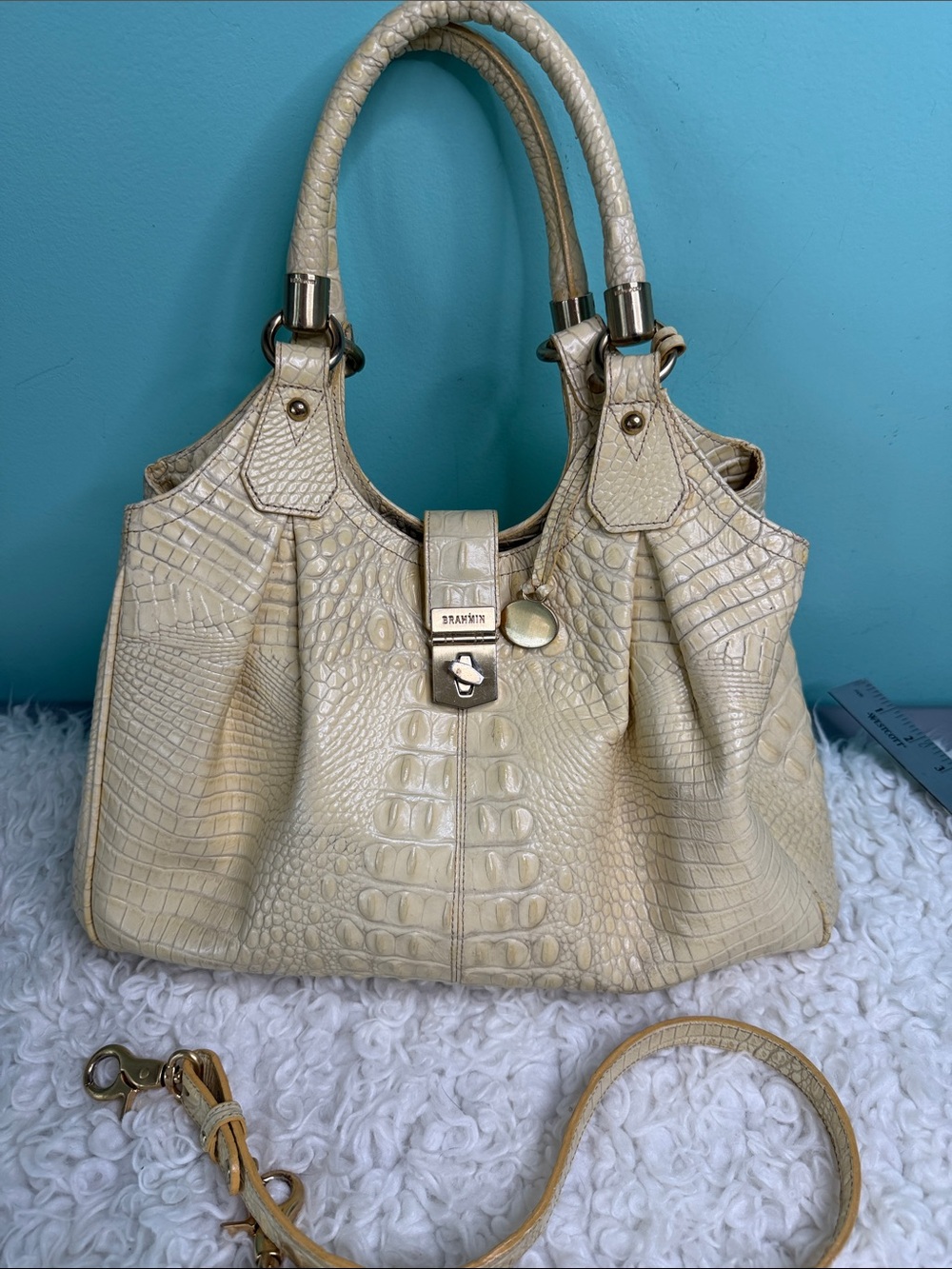 Brahmin  Celia Yellow  Croc-Embossed Leather Shoulder Bag with Gold Hardware
